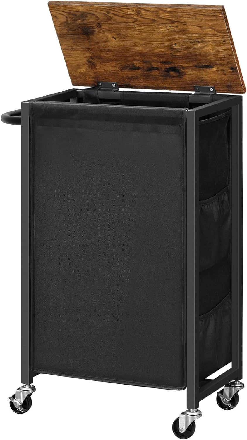 Slim Laundry Hamper with Lid 11Gal Rolling Basket Wheels Sorter Side Pockets