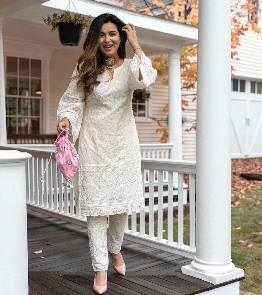 Cotton Chikankari Work Straight Kurti With Pant Set Women
