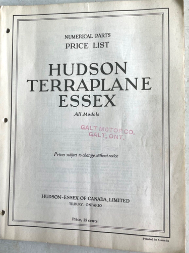 1933 Hudson Essex Terraplane Parts Book Galt Tilbury Ontario for Collection