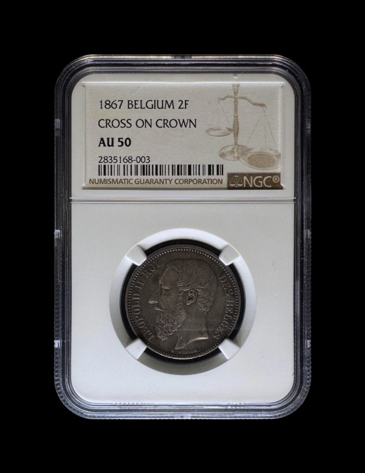 BÉLGICA. 1867, 2 francos, plata - NGC AU50 - Leopoldo II, cruz sobre corona Foto 2 de 4