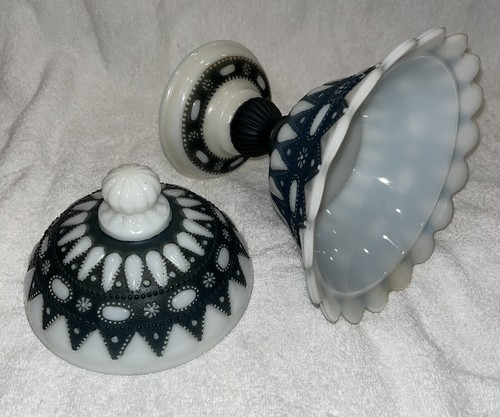 Vintage Phoenix Glass White Milk Glass Cobalt Lacy Dew Drop Compote Bowl / Lid - Picture 5 of 10