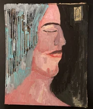 Original Woman Portrait Painting Painterly Teal Gray Naive Art Miz Katie