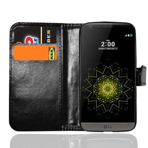 Schwarz Premium Leder Flip Case Ständer Tasche Hülle für verschiedene Handys LG Handy - Bild 2 von 8
