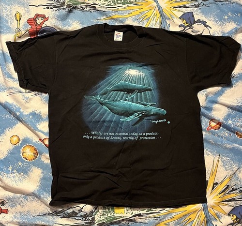 Vintage 90s Whales Art T Shirt Size L Animal Nature Wildlife Black Wyland EUC