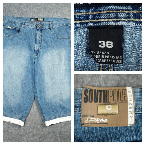 Vintage Southpole Jean Shorts Mens 38 Blue Stone Wash Baggy Wide Hip Hop Y2K - Picture 13 of 13
