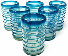 Hand Blown Mexican Drinking Glasses – Set of 6 Glasses with an Aqua Spiral...