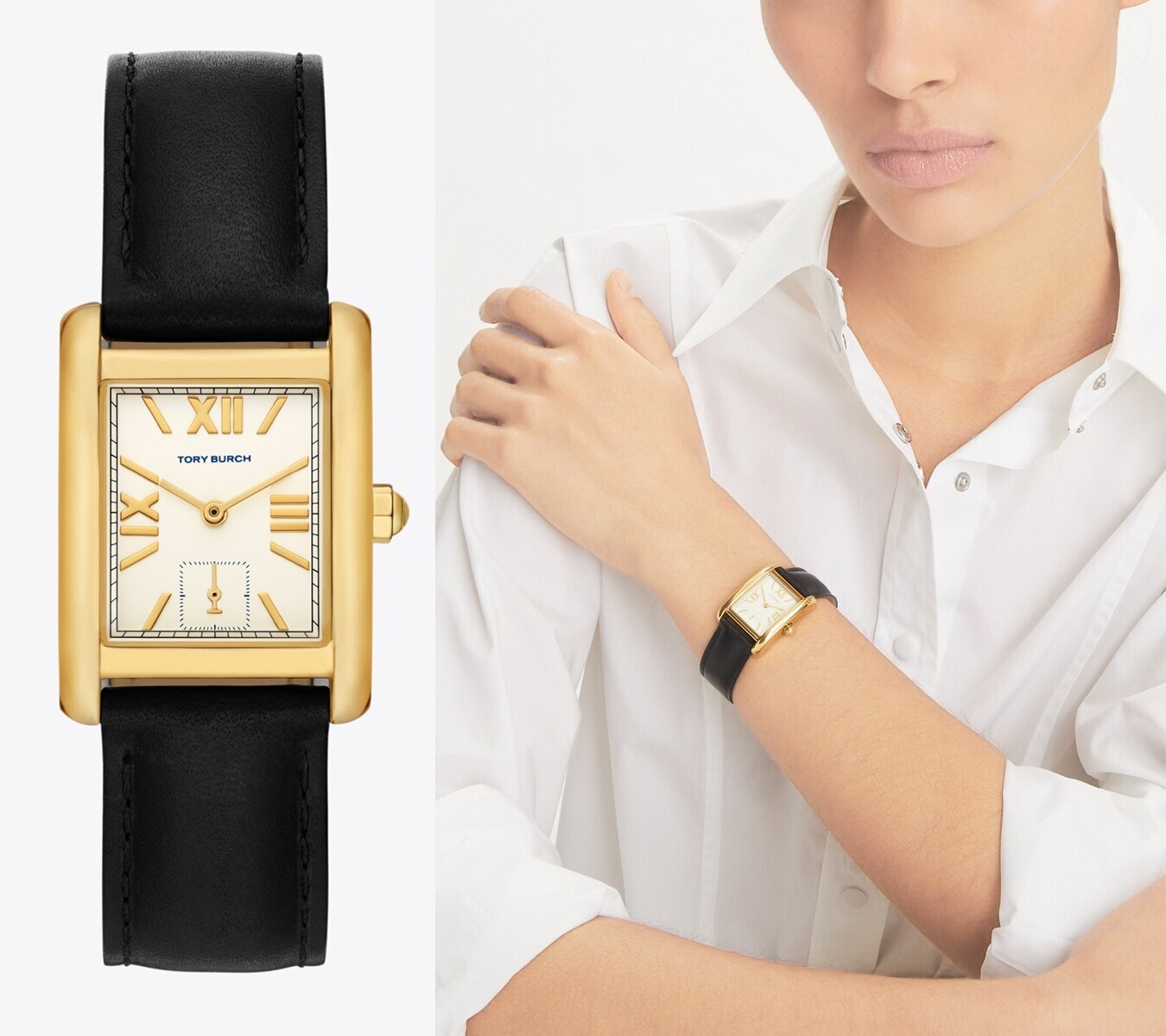 Tory Burch Eleanor Black Leather Strap Gold Tone Watch TBW1076
