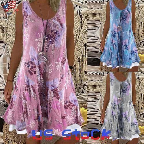 Übergröße Damen Boho Blumenmuster Midi Tank Kleid ärmellos Baggy Urlaubskittel Kleid - Bild 1 von 14