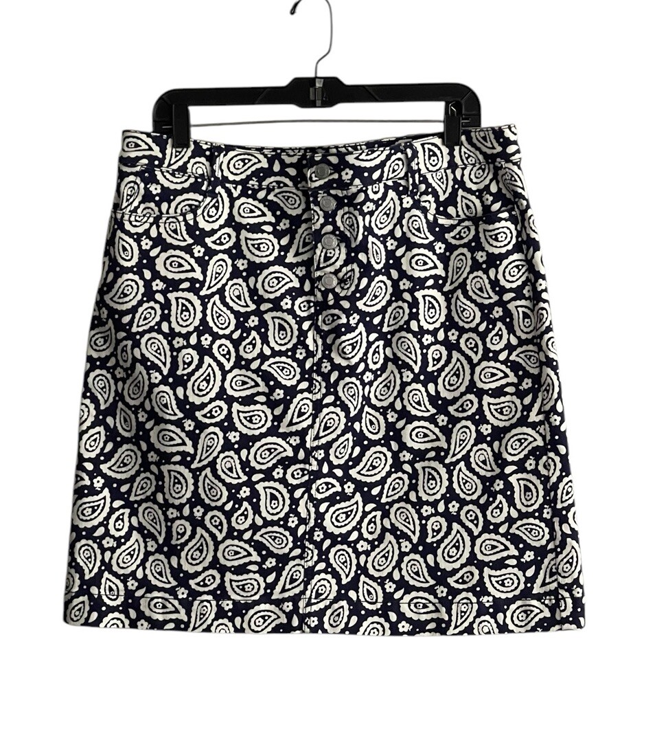 Talbots Paisley  Denim Skirt Women Size 14 Navy White Skirt Classic Chic Coastal