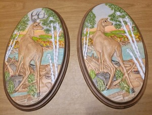 2 VINTAGE 16" X 9 1/2" HOLLAND MOLD BUCK & DOE CERAMIC PLASTER OVAL WALL PLAQUES