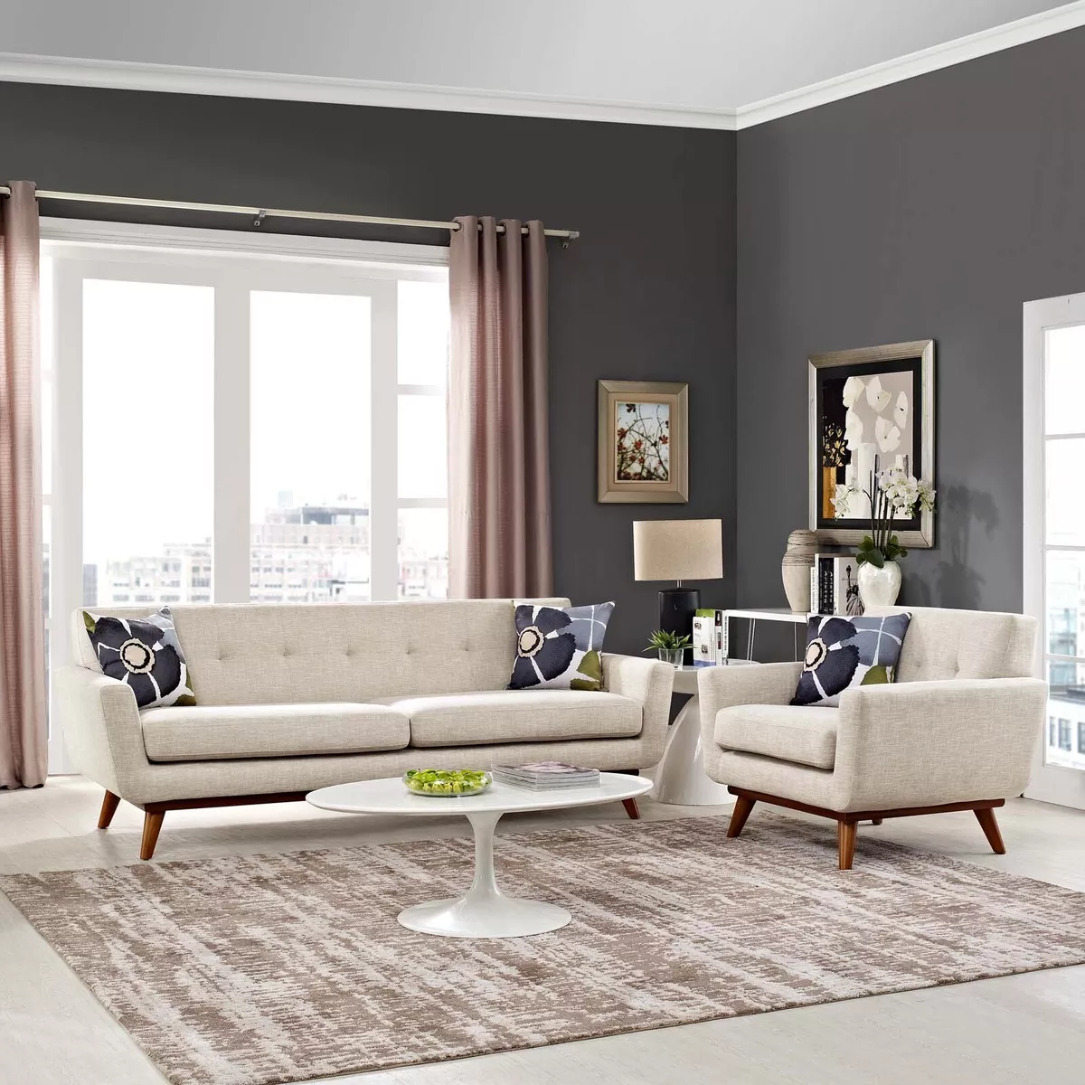 Modway Mid Century Modern Upholstered 2PC Sofa and Armchair Set in