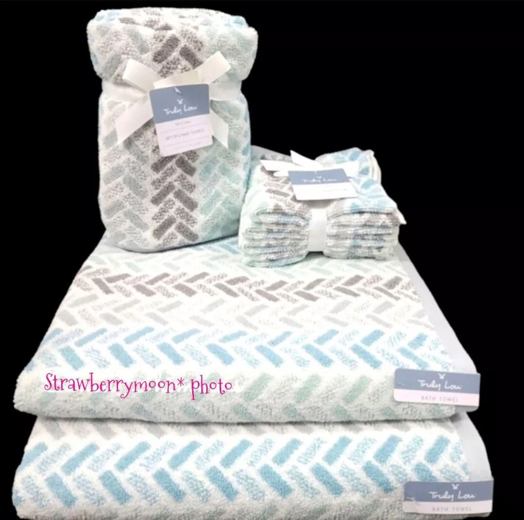 8pc Truly Lou Bath Hand Washcloth Towel Set Aqua Mint Green Gray  Herringbone New