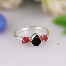 Authentic Ruby & Black Obsidian Gemstone Ring 925 Silver Engagement Gift For Her