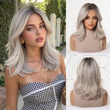 Women Medium Length Silver Grey Ombre Full Wig Middle Part Loose Wave Wig Daily