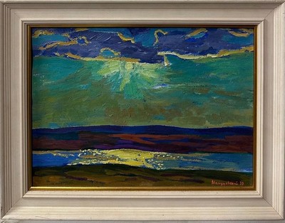 Russische Schule: Sonnenuntergang im Meer, Öl mit Impasto auf Karte, signiert kyrillisch 1970