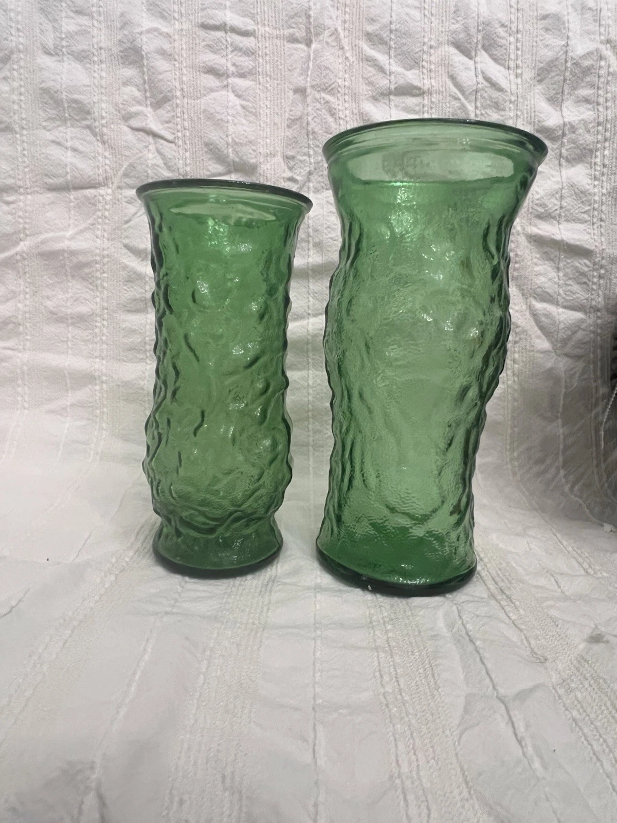 A pair of vintage E.O. Brody Co. green crinkle glass vases