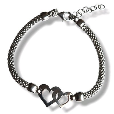Sterling Silver Double Two Hearts Mesh Italy 925 Bracelet 6.75'' Adjustable