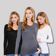 Round Neck Rayon Long Sleeve Top Soft Stretch Classic Plain Fitted Tee T Shirt