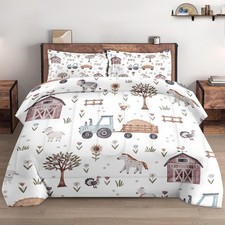 Twin Size Comforter Set with Pillowcase, Farm Animal Tractor House Tree Soft ...