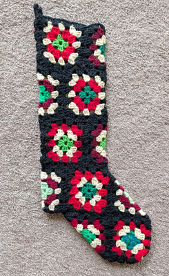 Vintage 23  Red Black White Granny Square Christmas Stocking Crocheted 1970s A1