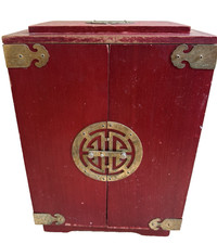 Vintage Chinese Jewelry Case Chest Box Red Stained Wood Brass Accents, 14" Tall,
