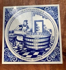 Vintage Handmade Schoonhoven Delft Blauw Ceramic Tile “The Cheese Maker” 6 Inch