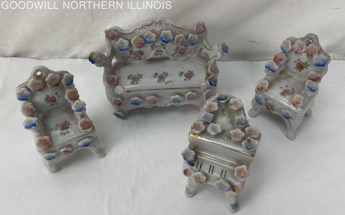 VTG Miniature Floral Ceramic Dollhouse / Decor Furniture - Piano, Chairs, Couch
