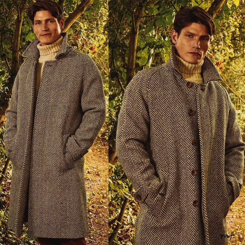 Men's Brown Herringbone Coat Mid-length Single Breasted Business Office Coat