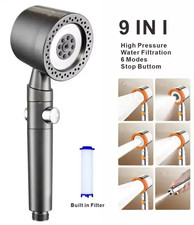 4 Mode High Pressure Handheld Shower Head Filter Stop Button Massage Grey