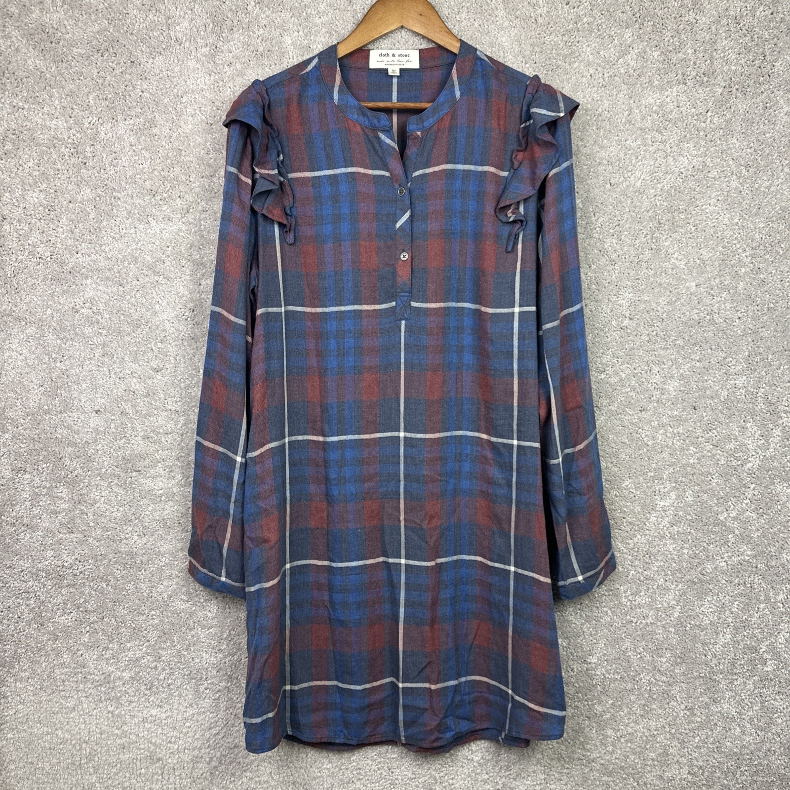Cloth & Stone Anthropologie Ruffled Shirt Dress XL Plaid Brushed Long Sleeve