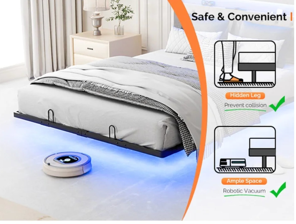 Queen Floating Bed Frame w/ LED Cama Queen con Luz LED Plataforma Gris NEW
