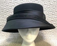 Deborah Fashions Black Felt Hat Bow Tiered Brim Sculptured Rhinestone Feather