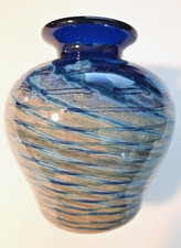 Hand blown Vase -Dk Blue top w/swirling pattern of Blue  Tan-Iridescent effect