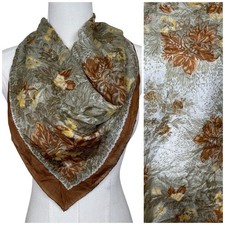 Vintage Silk Hand Rolled Printed Floral Scarf Brown Green Fall Autumn Boho