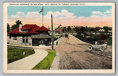 Postcard American Entrance Steel Arch Bridge to Canada Niagara Falls US Flag