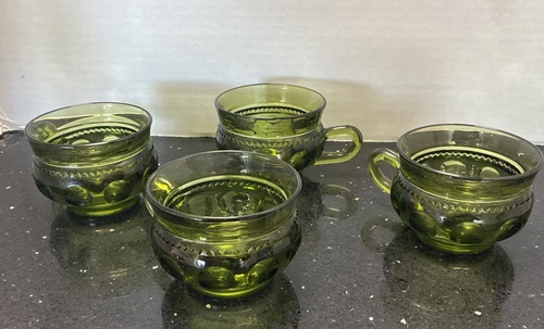 Indiana Kings Crown Thumbprint Glass Green Olive Cups Mugs With Handle lot of 4