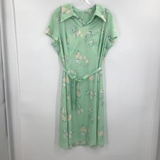 Vintage Green Floral Print Cap Sleeve Shift Dress Collared Neck Belted Waist