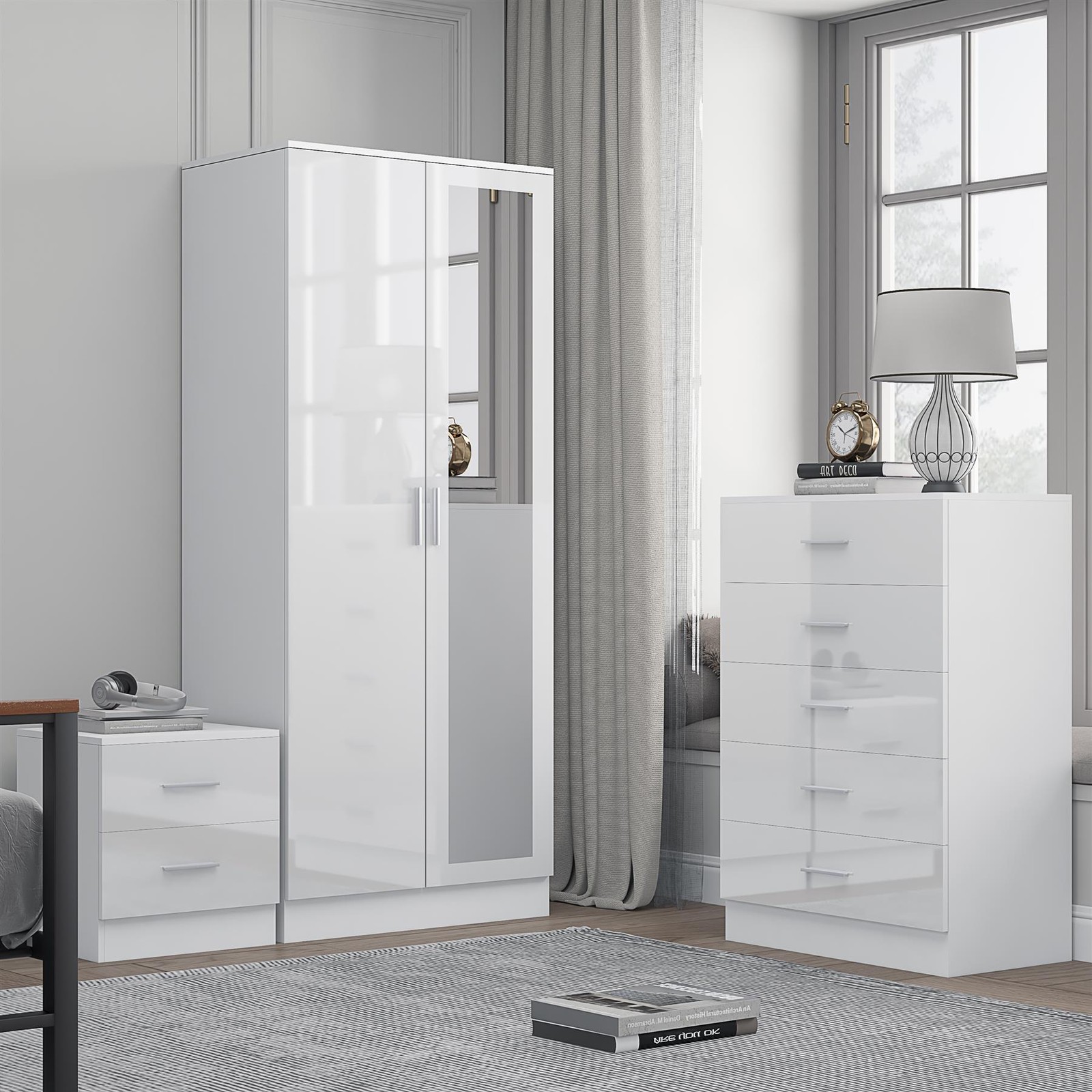 REFLECT 2dr Mirror Wardrobe + 5 Drawer Chest + Bedside - White/White - Image 3