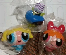 3x Powerpuff Girls TOYS Kelloggs CEREAL Spinning Tops Bubbles MOJO Jojo Blossom