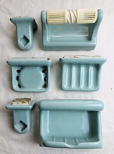 Vintage 7 Piece Ceramic Bathroom Porcelain Accessory Set Turquoise Blue Aqua