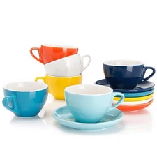 6 Ounce Cappuccino Cups with Saucers, Porcelain Double Espresso Cups Set of 6...