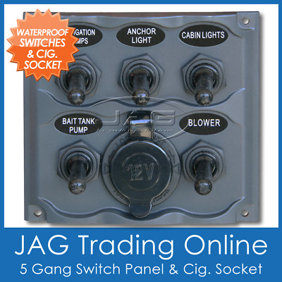 5 GANG TOGGLE & 1 CIG SOCKET WATERPROOF MARINE/BOAT SWITCH PANEL & 3 x 15A Fuses