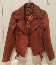 Love Label Caramel Brown Lightweight Belted Leather Jacket Fully Lined Size 6