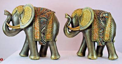 Pair of 2 Exotic Ornate Indian Elephants Feng Shui 9x9'' Resin Gold Trunk Up Luck