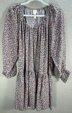 H&M Black Pink Blue Microfloral Ruched Shift Dress Mini Long Sleeve Viscose Sz M