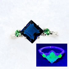 Sterling Blue Uranium Glass Ring Square Princess Cut Green Accent 925 Silver