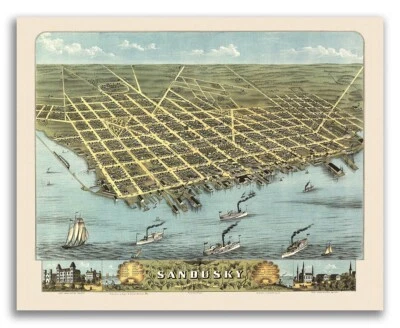 1870 Sandusky Ohio Vintage Old Panoramic City Map - 16x20