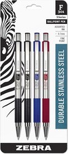 Zebra Pen F-301 Retractable Stainless Steel Ballpoint Pen, Fine Point 0.7 4-pack
