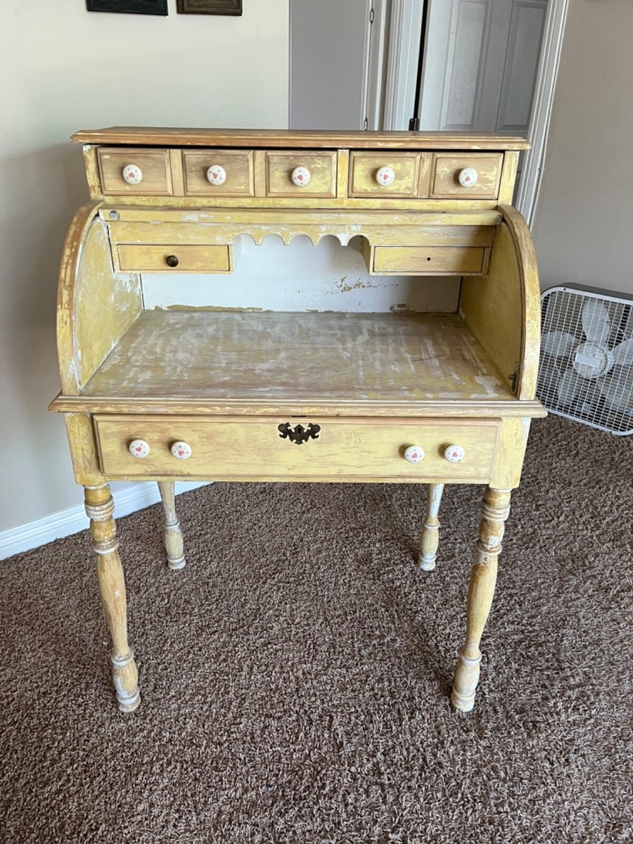 Vintage mid 20th Century yellow faux Bamboo Rolltop Desk. Jasper