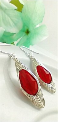 Teardrop-Shaped Wire Braided Silver Artisan Crystal Earrings